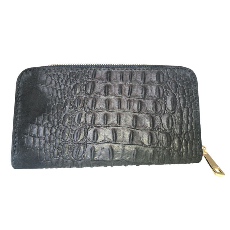 Čierna peňaženka z brúsenej kože s potlačou krokodíl AA00376